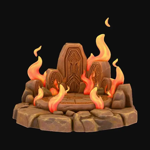 3D model for a stylized flame base small flames around a stone base in a fantasy dnd style highly detailed simple shapes