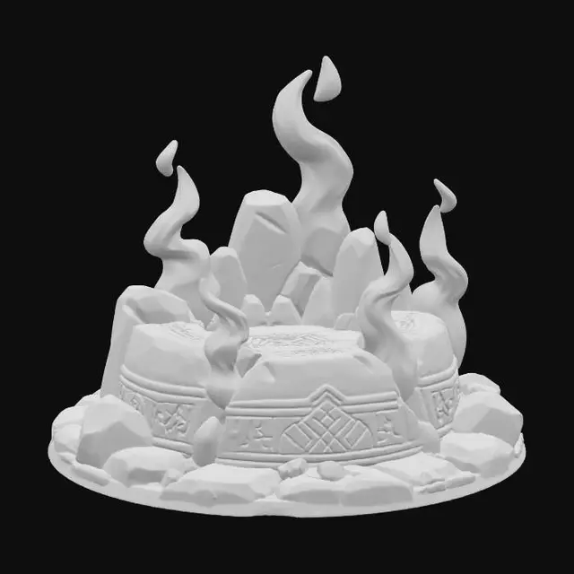 3D model for a stylized flame base small flames around a stone base in a fantasy dnd style highly detailed simple shapes