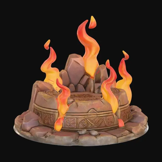3D model for a stylized flame base small flames around a stone base in a fantasy dnd style highly detailed simple shapes