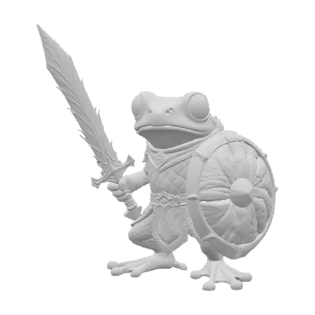 3D model for Highly stylized medieval tiny poison dart frog warrior with a sword and shield highly detailed. The sword looks like it was handcrafted out of a large blade of grass and the shield is a large walnut shell
