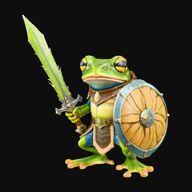 3D model for Highly stylized medieval tiny poison dart frog warrior with a sword and shield highly detailed. The sword looks like it was handcrafted out of a large blade of grass and the shield is a large walnut shell