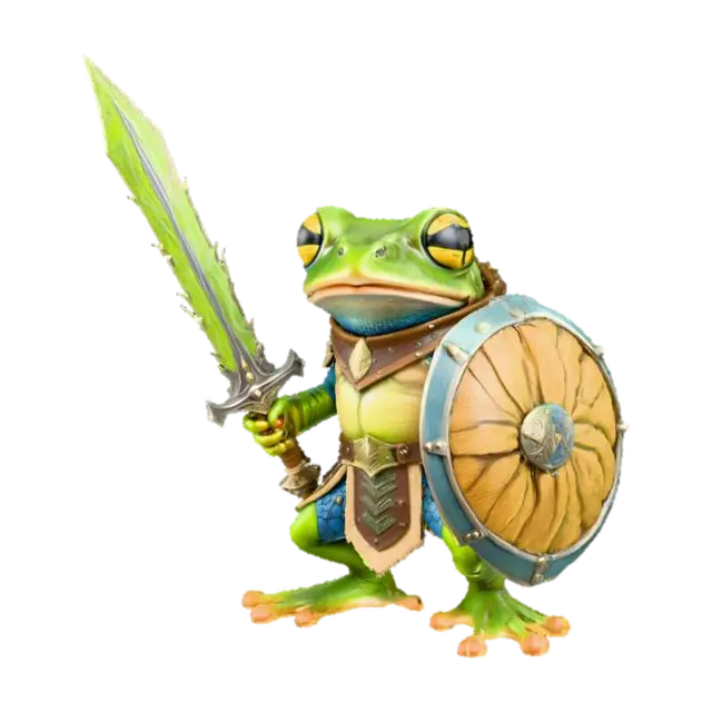 3D model for Highly stylized medieval tiny poison dart frog warrior with a sword and shield highly detailed. The sword looks like it was handcrafted out of a large blade of grass and the shield is a large walnut shell