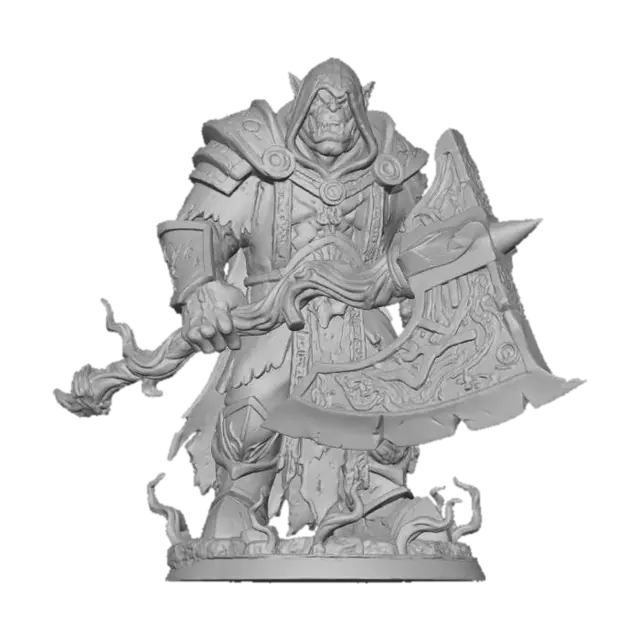 3D model for Orc Warlock figurine highly detailed holding a huge axe made of a twisted branch for a handle and the ax head is carved out of rock obsidian