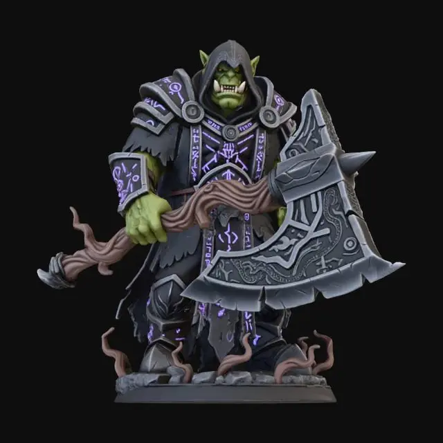 3D model for Orc Warlock figurine highly detailed holding a huge axe made of a twisted branch for a handle and the ax head is carved out of rock obsidian