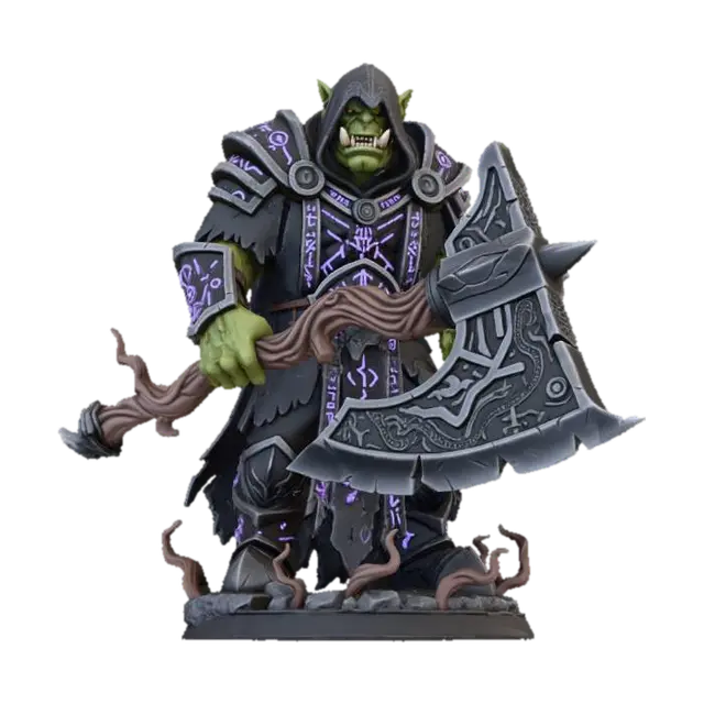 3D model for Orc Warlock figurine highly detailed holding a huge axe made of a twisted branch for a handle and the ax head is carved out of rock obsidian