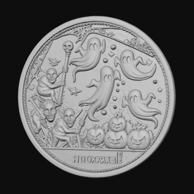3D model for #Halloween2025#, A highly detailed stylized coin a Halloween themed scene with ghosts and goblins on the the face , #Halloween2025#