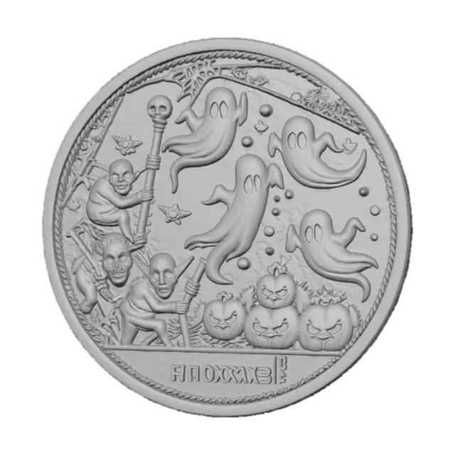 3D model for #Halloween2025#, A highly detailed stylized coin a Halloween themed scene with ghosts and goblins on the the face , #Halloween2025#
