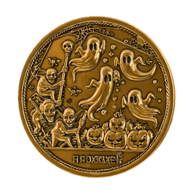 3D model for #Halloween2025#, A highly detailed stylized coin a Halloween themed scene with ghosts and goblins on the the face , #Halloween2025#
