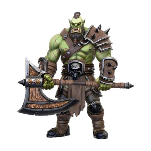 A bold orc warrior with a huge battle axe bald head with a tiny bun of hair on top - Brave 3D model, vytvořený pomocí AI
