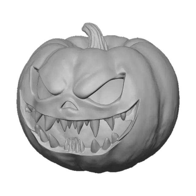 3D model for Create raw pumpkin but with scary smile, showing sharp teeth. No eyes, no nose. Just regular raw pumpkin but with scary mouth which is not carved nor drilled.