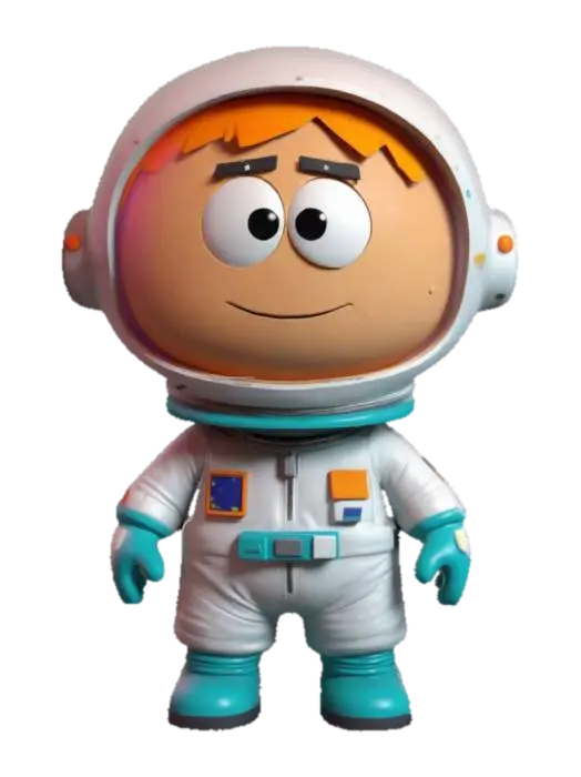 3D model for Generate a cute astronaut in the style of South Park, standing on a simple cartoon planet surface. Use low-poly 3D shapes with smooth edges, bright colors, and minimal details. The astronaut’s suit should be sleek and colorful, maintaining a playful, cartoon-like appearance. Ensure the character exudes a charming, fun vibe.
