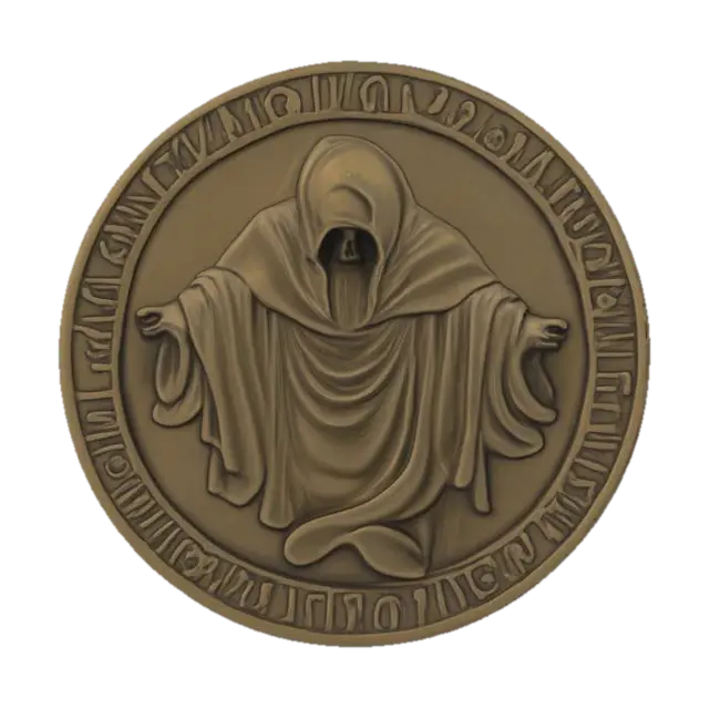 3D model for Ancient medallion with a depiction of an ghost and Greek script. Antique style 