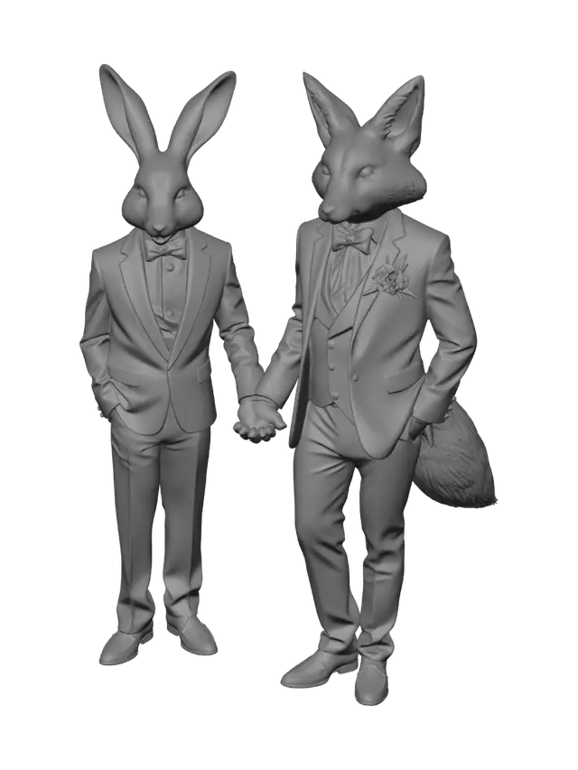 3D model for male anthro rabbit groom holding hands with male anthro fox groom