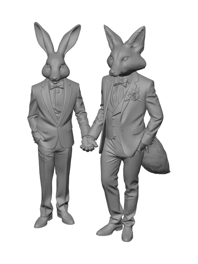 3D model for male anthro rabbit groom holding hands with male anthro fox groom