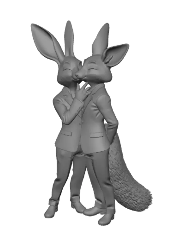 3D model for male anthro rabbit groom with long ears standing next to male anthro fox groom as they kiss