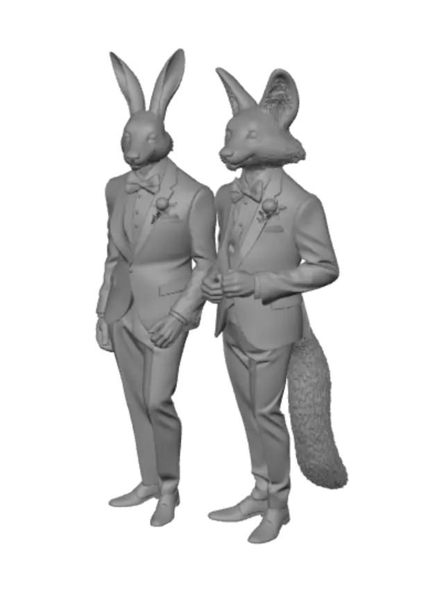 3D model for male anthro rabbit groom with long ears holding hands with male anthro fox groom with a long tail