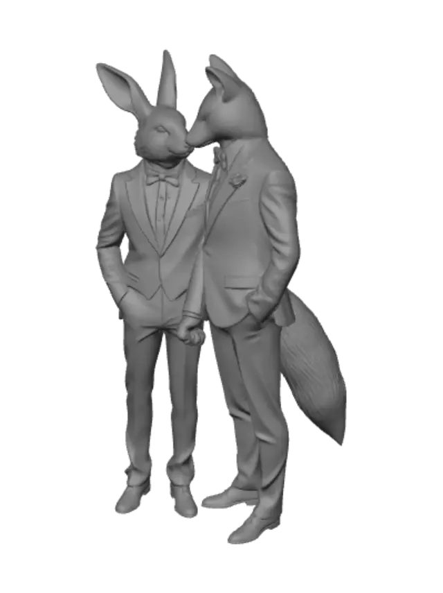 3D model for male anthro rabbit groom with long ears standing next to male anthro fox groom as they kiss and hold hands