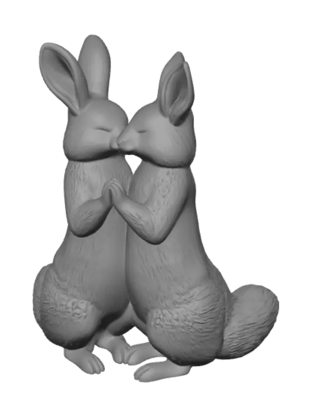 3D model for a pair of adult male humaniod anthro figures one a rabbit with thick, lush soft fur, tall elegant ears gently folded back, with a slim and expressive build; the other is a fox with thick fur, a large full fluffy tail. Both characters are fullyy unclothed, their bodies naturally and tastefully covered entirely by their thick dense fur, giving a clean and dignified appearance with no explicit features visible. They are standing close together, holding hands with fingers gently intertwined while sharing a sweet, gentle kiss. Their eyes are closed, expressions peaceful and loving. The thick fur naturally contours their forms in a modest, wholesome way.
anthropomorphic, furry fandom style, 3D render, thick fur, naturally modest, no explicit content, romantic, ultra-detailed fur texture,
