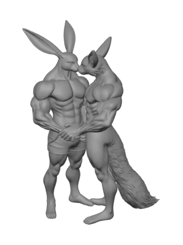 3D model for a cake topper featuring two muscular anthro males with no cloths and thick body fur holding hands. one figure is an anthro rabbit with long ears. the other is a fox with a long fluffy tail with the rabbit kissing the fox on the cheek