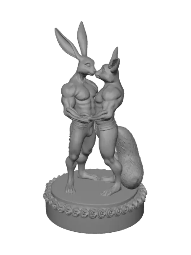 3D model for a cake topper featuring two muscular anthro males with no cloths holding hands. one figure is an anthro rabbit with long ears. the other is a fox with a long fluffy tail with the rabbit kissing the fox on the cheek