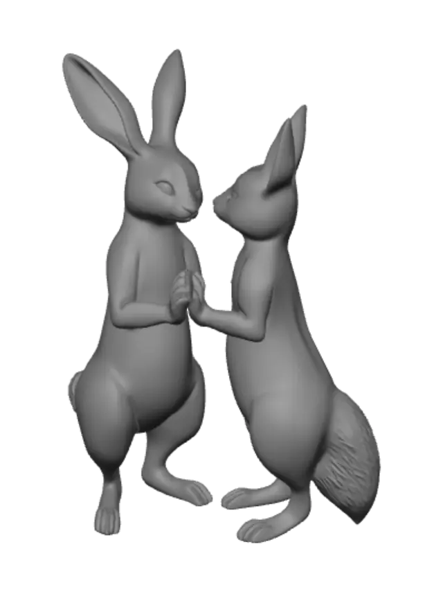 3D model for a pair of humaniod men holding hands and kissing. One being an anthro rabbit, thick body fur, and long ears, and a small leaf shaped tail. the other being an anthro fox with pointed ears, and a long bushy tail