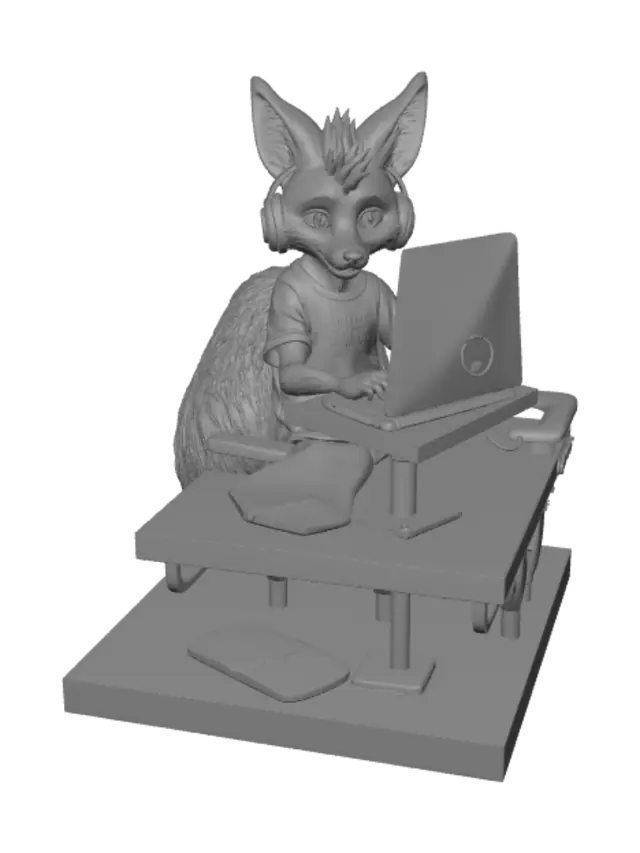 3D model for male anthro fox sitting at a computer desk