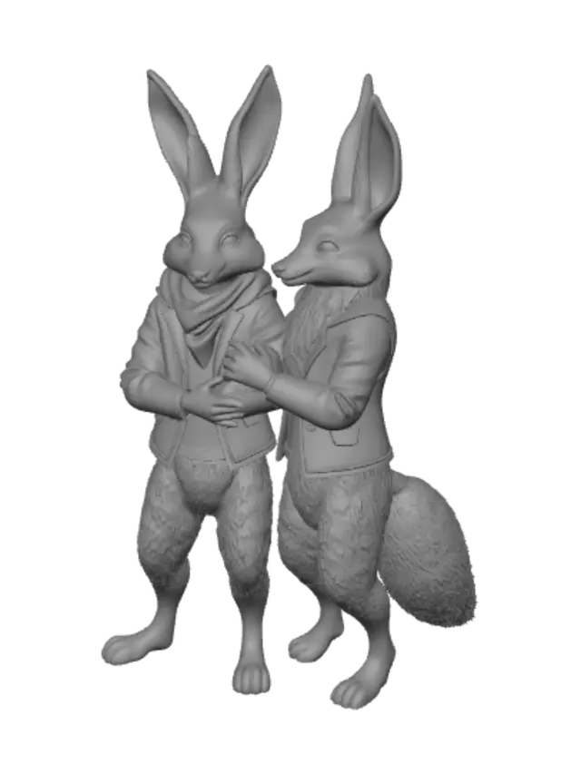 3D model for a thick furred nude male anthro bunny holding hands with a thick furred nude male anthro fox