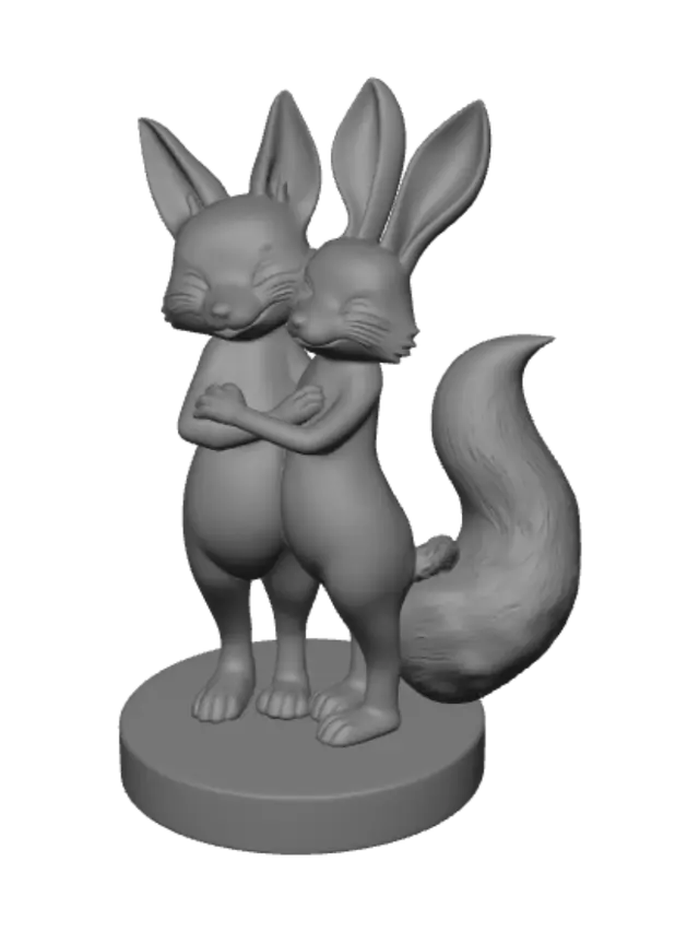 3D model for Wedding cake topper figurine, two NUDE anthropomorphic male characters, a fox and a bunny, equal height with bunny having longer upright ears, both unclothed with tasteful fur-covered bodies, slender naturalistic anthropomorphic proportions, human-like torso and limbs, plantigrade humanoid footpaws with rounded toes, expressive stylized furry face with muzzle, large fluffy fox tail, arms wrapped tightly around each other in a warm romantic embrace, smooth clean fur texture, figurine sculpture style, symmetrical stable composition, flat base, watertight geometry, suitable for 3D printing