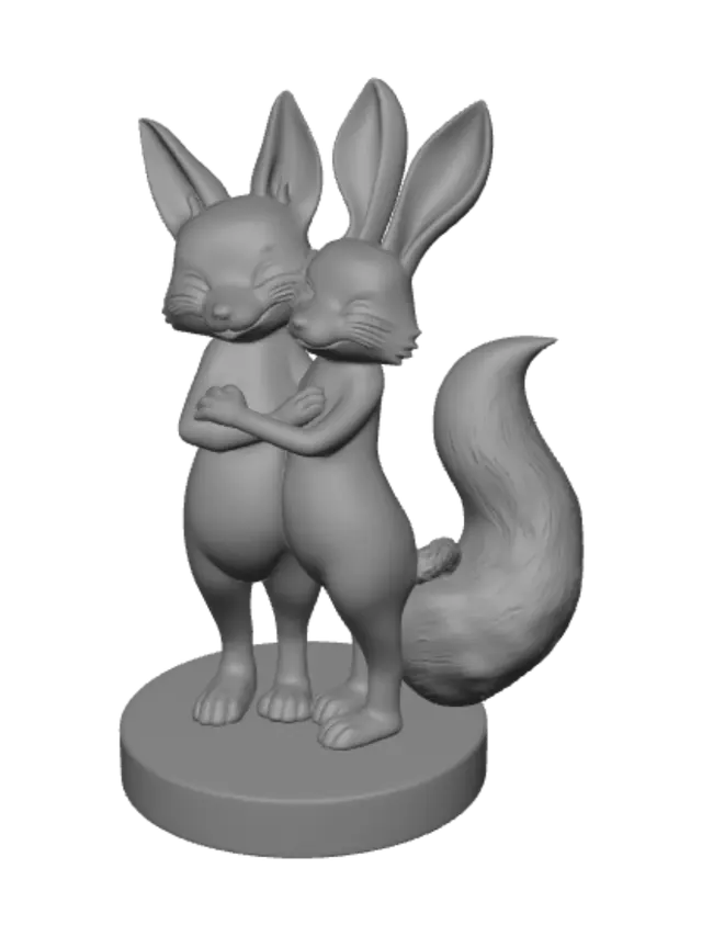 3D model for Wedding cake topper figurine, two NUDE anthropomorphic male characters, a fox and a bunny, equal height with bunny having longer upright ears, both unclothed with tasteful fur-covered bodies, slender naturalistic anthropomorphic proportions, human-like torso and limbs, plantigrade humanoid footpaws with rounded toes, expressive stylized furry face with muzzle, large fluffy fox tail, arms wrapped tightly around each other in a warm romantic embrace, smooth clean fur texture, figurine sculpture style, symmetrical stable composition, flat base, watertight geometry, suitable for 3D printing