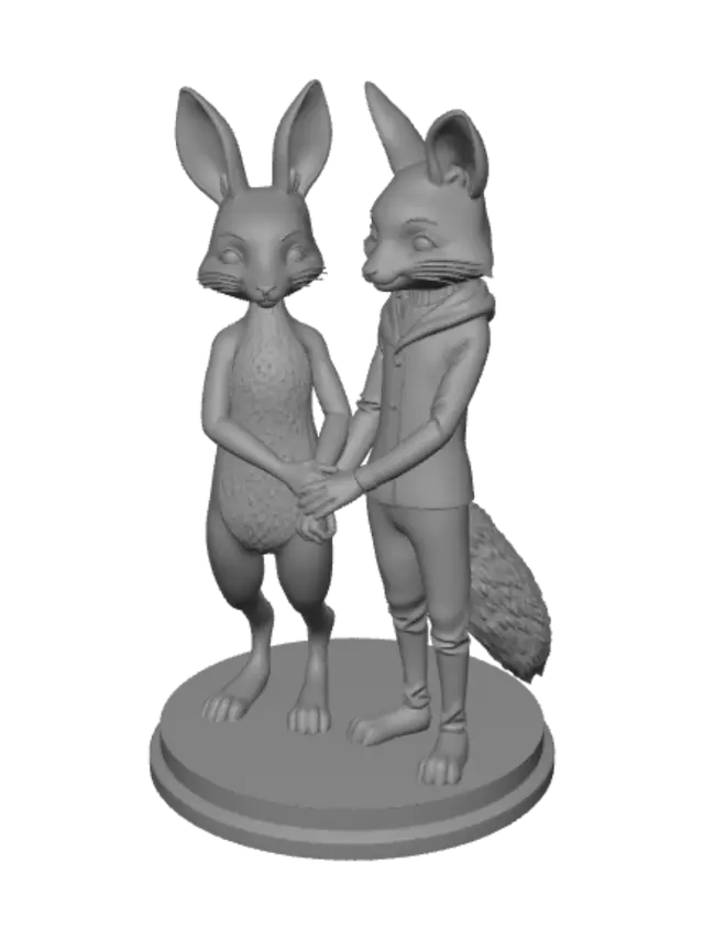 3D model for A 3D printed figurine of two anthro male characters wearing shorts standing side by side holding hands — one a rabbit with thick dense soft white and grey fur, tall gentle ears, with a naturally shaped human male body, soft mid-thirties average American build, slight natural belly, relaxed posture; one a fox with thick dense warm orange and cream fur, large fluffy tail, matching naturally shaped human male body, soft mid-thirties average American build, relaxed comfortable posture. Both unclothed, their thick full-body fur naturally and completely concealing all anatomy in a tasteful dignified way. Warm loving expressions, fingers gently intertwined. Sculpted resin figurine aesthetic, fine surface detail, warm studio lighting, clean white base, 8K ultra-detailed 3D render.