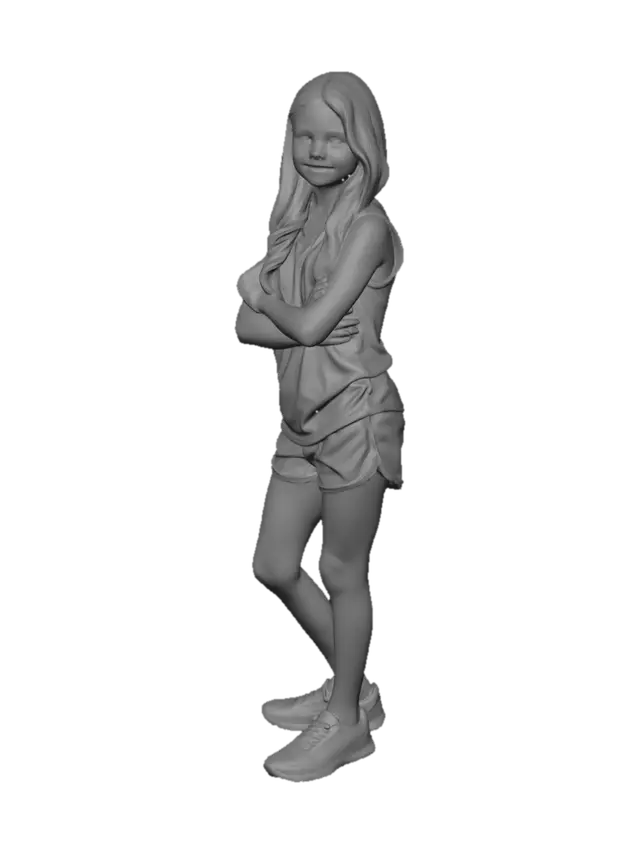 3D model for Portrait of a youthful young caucasian girl with long reddish‑brown hair, soft fresh facial contours, smooth natural skin texture, and a gentle neutral expression. She stands in a relaxed upright pose, arms resting naturally at her sides, proportions harmonious and youthful. She wears a white sleeveless athletic top with black trim around the neckline and straps, paired with fitted matte black athletic shorts. Clothing is simple, clean, and form‑fitting with no logos. Lighting is soft and even, highlighting the freshness and clarity of youthful skin without stylization. No background, no props, no accessories, no environmental elements. High‑resolution realism, crisp focus, accurate anatomy, natural posture, clean edges, no stylization. octane render