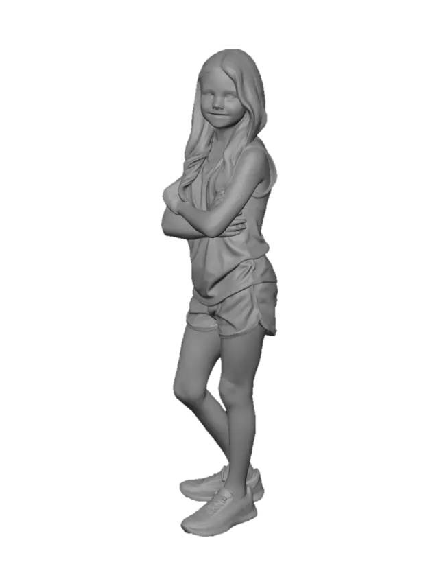 3D model for Portrait of a youthful young caucasian girl with long reddish‑brown hair, soft fresh facial contours, smooth natural skin texture, and a gentle neutral expression. She stands in a relaxed upright pose, arms resting naturally at her sides, proportions harmonious and youthful. She wears a white sleeveless athletic top with black trim around the neckline and straps, paired with fitted matte black athletic shorts. Clothing is simple, clean, and form‑fitting with no logos. Lighting is soft and even, highlighting the freshness and clarity of youthful skin without stylization. No background, no props, no accessories, no environmental elements. High‑resolution realism, crisp focus, accurate anatomy, natural posture, clean edges, no stylization. octane render