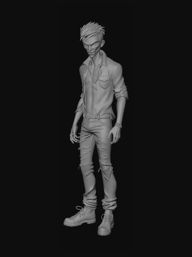 3D model for Original anime zombie male, torn clothes, pale skin, glowing green eyes, slightly scary but stylized, game character design, full body, stylized 3D model, mobile game ready, no background