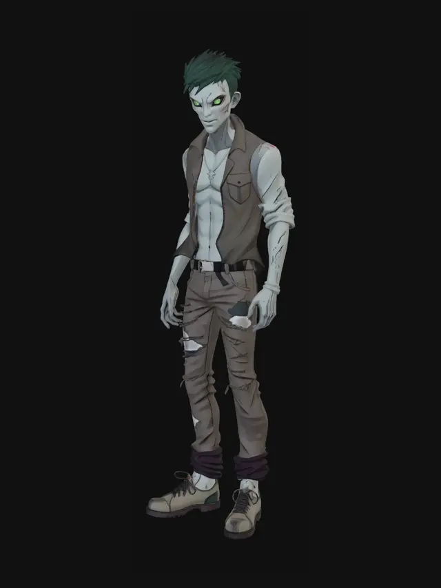 3D model for Original anime zombie male, torn clothes, pale skin, glowing green eyes, slightly scary but stylized, game character design, full body, stylized 3D model, mobile game ready, no background