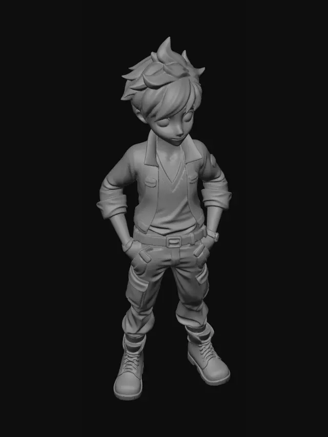 3D model for Original anime male adventurer, spiky dark hair, blue eyes, fantasy casual outfit, confident smile, young adult, unique character design, full body, stylized 3D game character, mobile game ready, clean topology, PBR textures, no background, T-pose