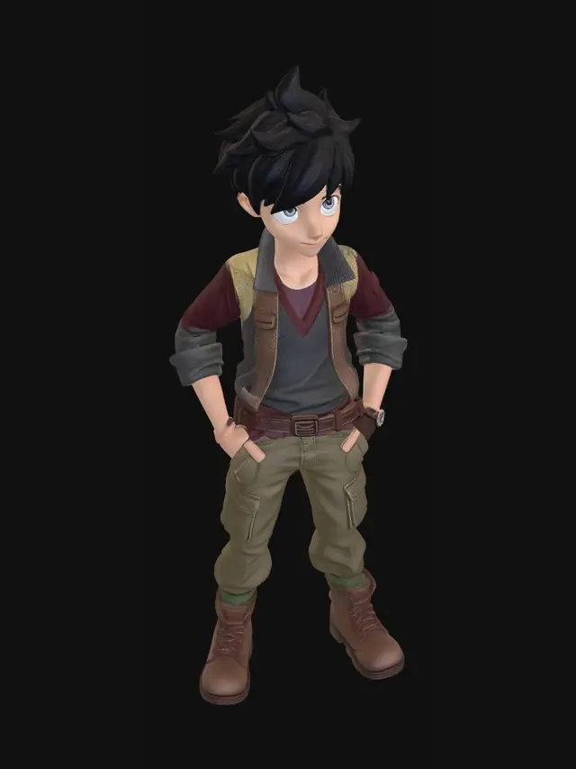 3D model for Original anime male adventurer, spiky dark hair, blue eyes, fantasy casual outfit, confident smile, young adult, unique character design, full body, stylized 3D game character, mobile game ready, clean topology, PBR textures, no background, T-pose