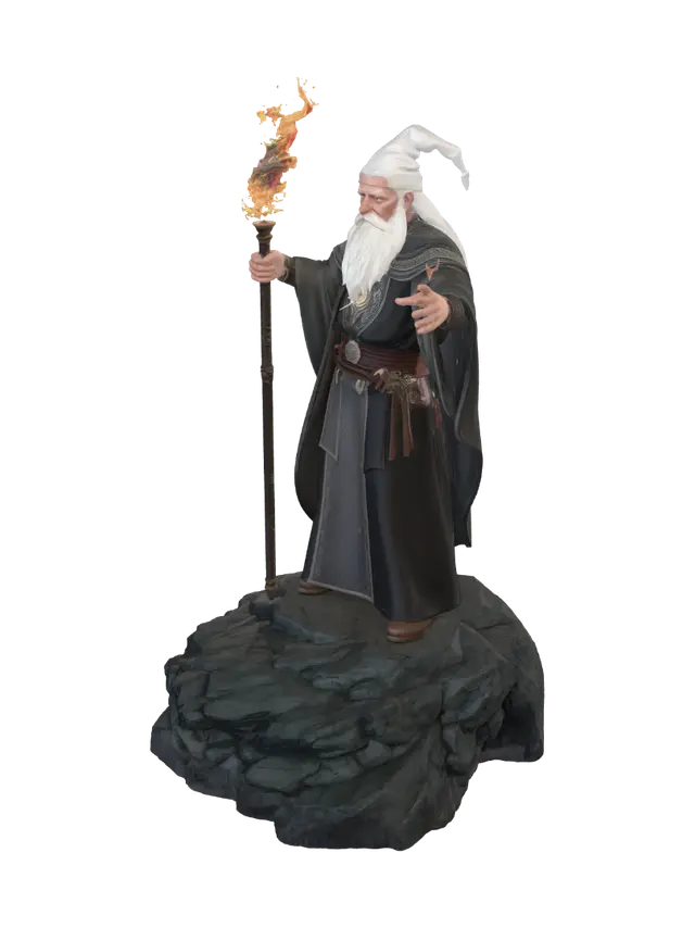 generami di un mago di mezza età in stile D&D in piedi su una roccia che sta… 3D model, vytvořený pomocí AI