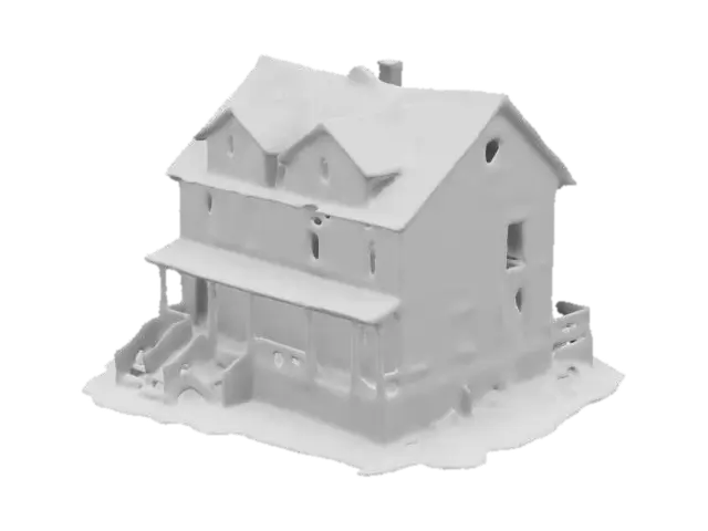3D model for Sunken Rowhouse
sinking wooden townhouse, fractured walls, warped timber, mold-covered surfaces, decayed brick base, fog-drenched wood, leaning doorframes, loose iron railings, broken guttering, rotting wooden steps, twisted alleyways
