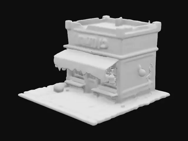 3D model for Warped wooden storefront, shattered windows, eerie signage, hanging rusted lanterns, rotting awning, crooked beams, occult carvings, boarded entrance, twisted iron gate, leaning structure, cobblestone foundation, bioluminescent fungi creeping up walls, eerie runes on wood, dust-covered shelves, shattered pottery, forgotten artifacts, fog seeping through cracks, damp warped floorboards, strange symbols etched onto beams, hanging chains, decayed wooden planks.