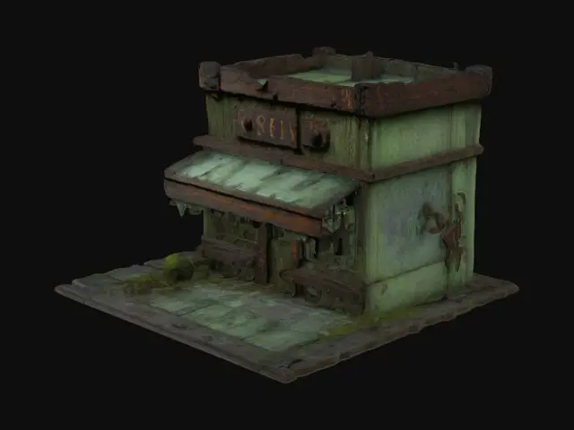3D model for Warped wooden storefront, shattered windows, eerie signage, hanging rusted lanterns, rotting awning, crooked beams, occult carvings, boarded entrance, twisted iron gate, leaning structure, cobblestone foundation, bioluminescent fungi creeping up walls, eerie runes on wood, dust-covered shelves, shattered pottery, forgotten artifacts, fog seeping through cracks, damp warped floorboards, strange symbols etched onto beams, hanging chains, decayed wooden planks.