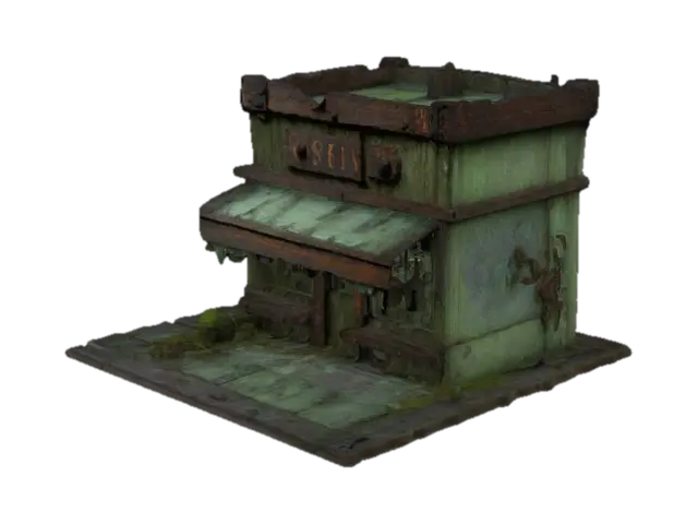 3D model for Warped wooden storefront, shattered windows, eerie signage, hanging rusted lanterns, rotting awning, crooked beams, occult carvings, boarded entrance, twisted iron gate, leaning structure, cobblestone foundation, bioluminescent fungi creeping up walls, eerie runes on wood, dust-covered shelves, shattered pottery, forgotten artifacts, fog seeping through cracks, damp warped floorboards, strange symbols etched onto beams, hanging chains, decayed wooden planks.

