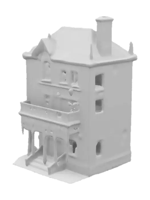 3D model for A two-story, decrepit mansion with shattered stained-glass windows, a collapsed balcony, and eerie green fog seeping from its cracks. Rusted iron lanterns dangle from its skeletal frame.
