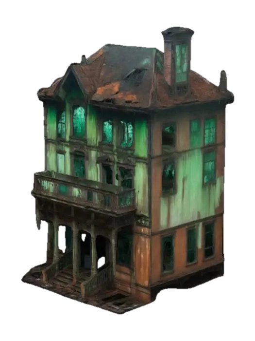 3D model for A two-story, decrepit mansion with shattered stained-glass windows, a collapsed balcony, and eerie green fog seeping from its cracks. Rusted iron lanterns dangle from its skeletal frame.