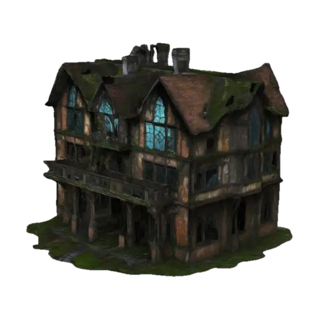 The Withered Manor rotting victorian mansion, warped wooden beams, shattered… - Haunted 3D model, vytvořený pomocí AI