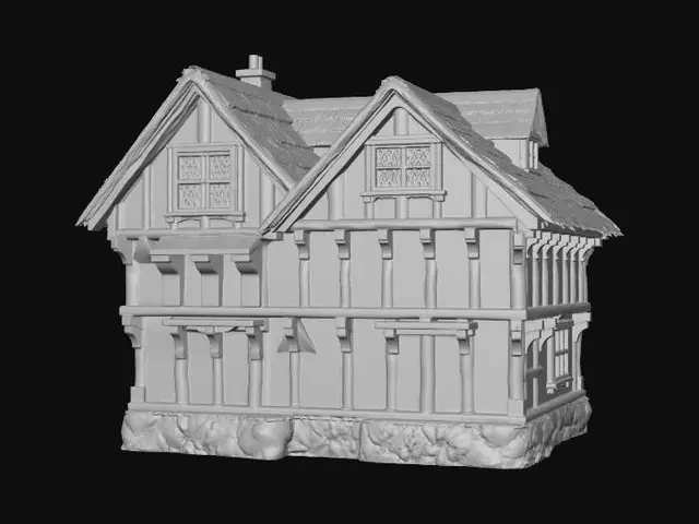 3D model for "A highly detailed medieval wooden house, traditional medieval European timber-framed building, sturdy dark oak wood construction with intricate wooden beams and wooden planks, thatched roof with moss details, small leaded glass windows, wooden door with iron reinforcements, stone foundation, cozy medieval cottage style, weathered wood texture, realistic wood grain and knots, surrounded by subtle medieval village atmosphere, highly detailed, 8k resolution, cinematic lighting, photorealistic 3D model"