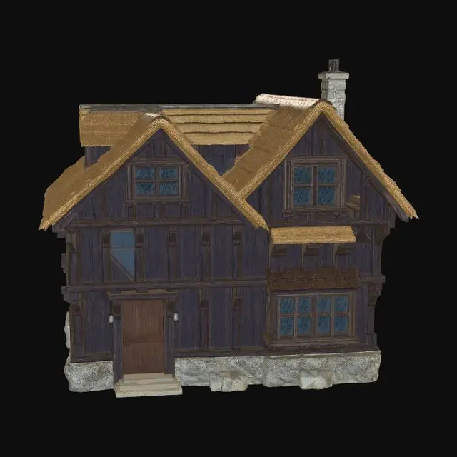 3D model for "A highly detailed medieval wooden house, traditional medieval European timber-framed building, sturdy dark oak wood construction with intricate wooden beams and wooden planks, thatched roof with moss details, small leaded glass windows, wooden door with iron reinforcements, stone foundation, cozy medieval cottage style, weathered wood texture, realistic wood grain and knots, surrounded by subtle medieval village atmosphere, highly detailed, 8k resolution, cinematic lighting, photorealistic 3D model"