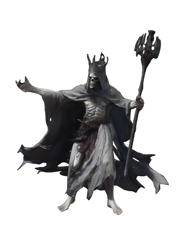 3D model for fantasy attacking ghoul, length torn robe blowing in the wind, long bony arms stretched forward, extremely detailed, high resolution textures, epic stance
Shepter in hand, sinister crown