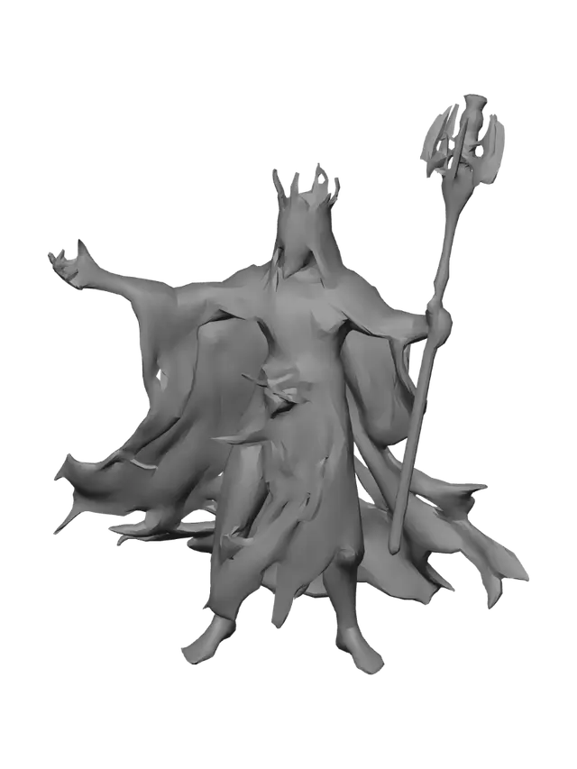3D model for fantasy attacking ghoul, length torn robe blowing in the wind, long bony arms stretched forward, extremely detailed, high resolution textures, epic stance
Shepter in hand, sinister crown