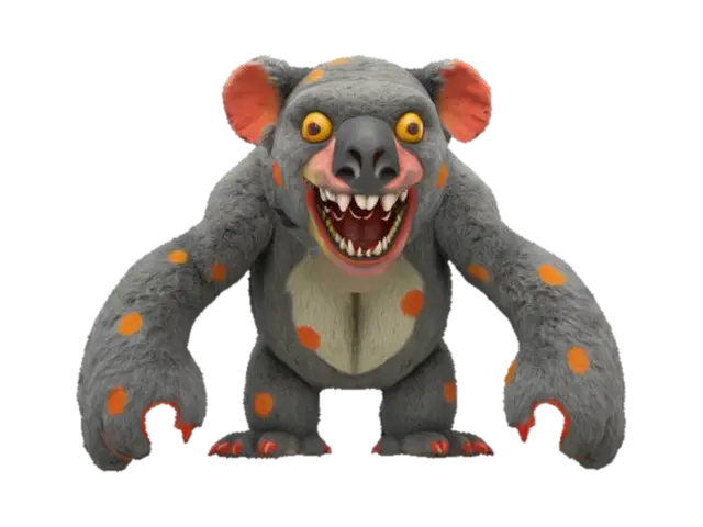 Drop Bear, a giant koala, with gorilla arms, giant mouth full of teath, big koala nose, yellow eyes… - Cryptid AI 생성 3D 모델