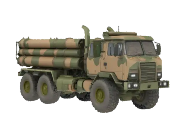 A modern american rocket launcher instaled on a large offroad truck, big mighty,… 3D model, vytvořený pomocí AI